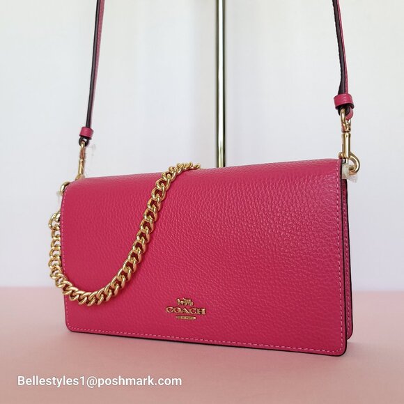 COACH Anna Pebbled Leather Fold-over Clutch Crossbody With Chain- Bold Pink ⭐ - Picture 5 of 16